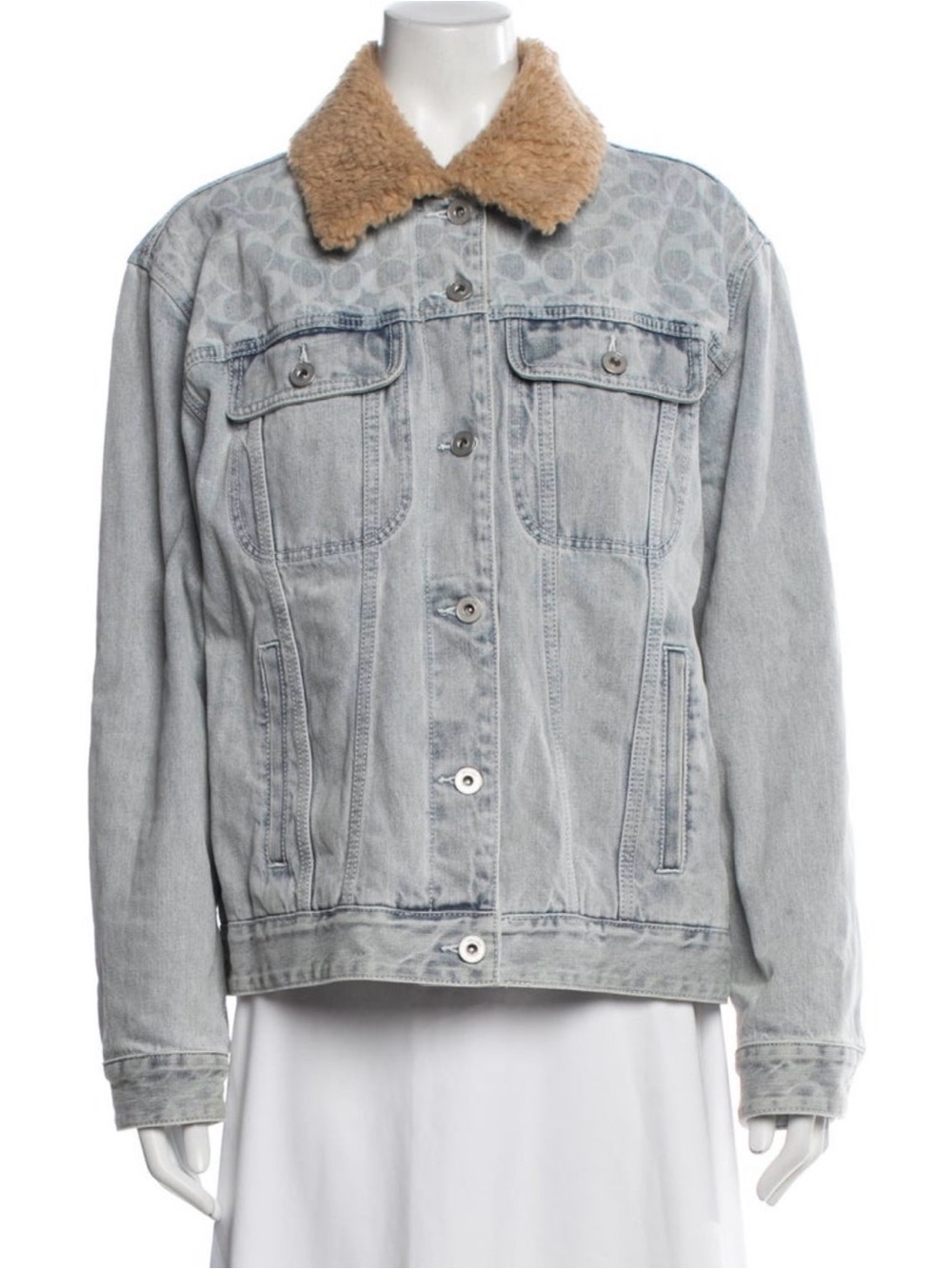 COACH Light Wash Denim Jacket with Tan Shearling Collar-New